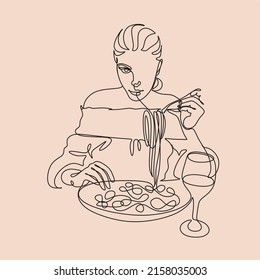 Arte de la línea Una chica hermosa está sentada en un restaurante comiendo espagueti y bebiendo vino. Ilustración de café minimalista