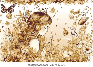 Line art beautiful little fairy seamless pattern with flowers, leaves, butterflies.Golden Line art magic fairy tale vector background. Lines fairytale little young girl lady woman with long hairs.