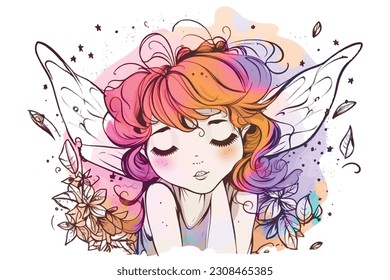 Line art beautiful lovely little fairy  pattern with flowers, leaves, butterflies. Line art magic fairy tale fantasy vector background. Lines fairytale little young girl illustration. Colorful design.