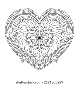 A line art beautiful mandala heart design illustration of a coloring page 
