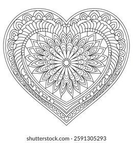 A line art beautiful mandala heart design illustration of a coloring page 