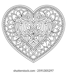 A line art beautiful mandala heart design illustration of a coloring page 