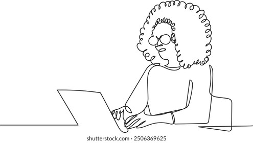 Line art of a beautiful native Latina woman sitting at a comfortable desk and using a laptop at home