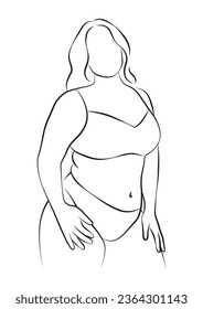 arte de línea bello más tamaño, retrato de mujer positivo para el cuerpo, simple ilustración de vector minimalista, niña abstracta aislada, contorno corporal femenino, concepto de salón de belleza y spa