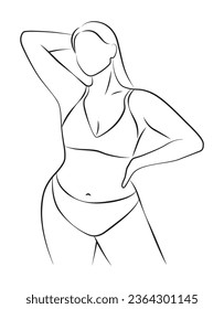 arte de línea bello más tamaño, retrato de mujer positivo para el cuerpo, simple ilustración de vector minimalista, niña abstracta aislada, contorno corporal femenino, concepto de salón de belleza y spa
