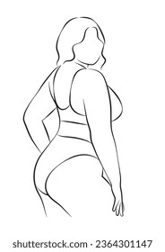 line art beautiful plus size, body positive woman portrait, simple minimalist vector illustration, isolated abstract girl, female body contour, beauty and spa salon concept