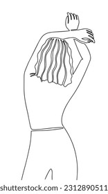 Line art, beautiful woman dancing. Back view beautiful young woman one line continuous outline vector illustration. 