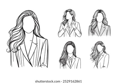 Line Art Beauty Corporate Women With Suit And Unravel Hair Photo Art Black and White Illustration Hand Drawn Clipart
