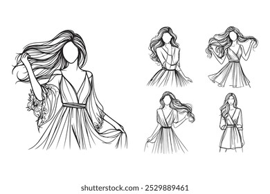 Line Art Beauty Elegant Women Use Dress Model Photo Art Black and White Illustration Hand Drawn Clipart