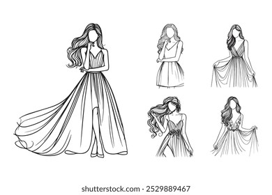 Line Art Beauty Elegant Women Use Dress Model Photo Art Black and White Illustration Hand Drawn Clipart