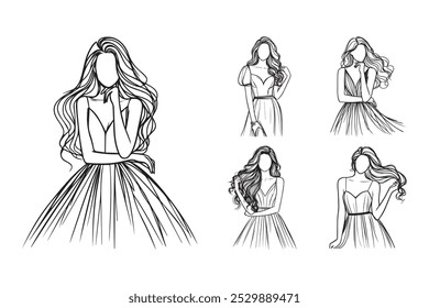 Linha arte beleza mulheres elegantes usar vestido modelo foto arte preto e branco ilustração mão desenhado Clipart