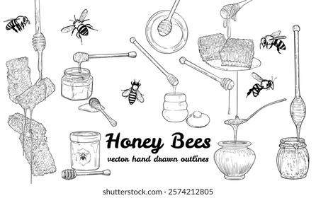 Line art bees and honeys. Hand drawn vector illustrations for both online and print projects. Highly detailed graphic assets with honey products, insect, honeycomb, jars and honey dripping.