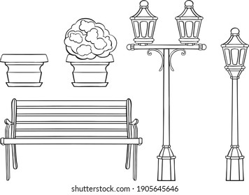 Line art of a bench, a flower bed and a lantern.High quality illustration