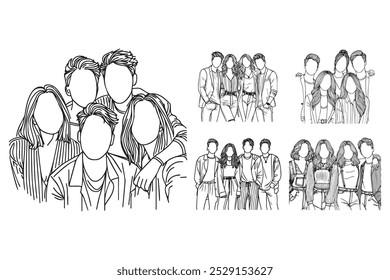 Line Art Best Four Friendship Photo Art Black and White Illustration Hand Drawn Clipart