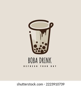 Line art of beverage logo with tapioca flour balls in cup design