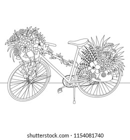 Line art of bicycle decorate with flowers for design element. Vector illustration