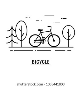 Line art bicycle design on the road in the park with big city view. Good for card,  banner, presentation, flyer, etc. Modern vector logo