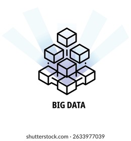 Ícone de Big Data Line Art com blocos empilhados e conexões fluindo em um plano de fundo de gradiente técnico mínimo
