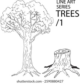 line art big tree and tree log