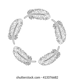 Line art bird feathers circle frame. Isolated on white background. Vector illustration.