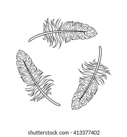 Line art bird feathers circle frame. Isolated on white background. Vector illustration.