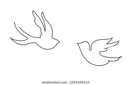 Line art bird. Flying pigeon outline drawing. Black and white vector illustration. Black solid line on white background. Cartoon icon of two birds. Minimal logo design element, vector illustration.
