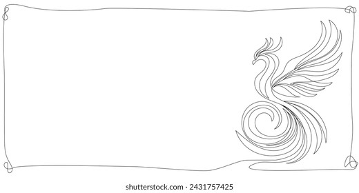 Line Art Bird Frame. One Thin Line Border Magic Bird Sketch Isolated On White Background. Continuous Modern Line Art Drawn. Editable Vector Outline Frame Border Abstract Fenix Bird Illustration. 