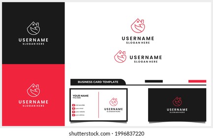 line art bird with house or home logo design concept and business card template
