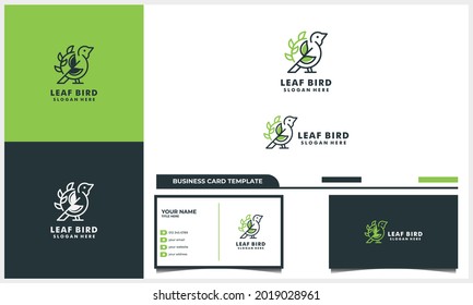 line art bird with nature leaf logo design concept and business card template