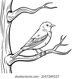 A line art bird in the tree of a coloring page 