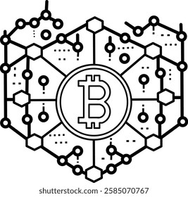 Line art of a Bitcoin network with interconnected nodes and blockchain elements. A modern design symbolizing cryptocurrency, decentralized finance, and digital transactions.