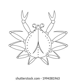 line art black color crab close up isolated on white background, vector illustration, claws and tentacles