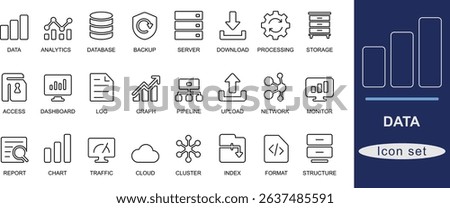 Line art black data icon set with database, analytics, cloud, server, chart, sync, report, and dashboard. Perfect for tech, UI, and software design.