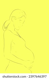 Line Art, the black line forms a picture of a pregnant woman with a yellow background