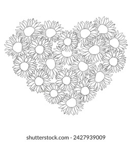 Fondo de corazones de girasol de tinta negra de arte de línea, elementos florales dibujados a mano para el día de San Valentín. Ilustraciones vectoriales para tarjetas o invitaciones, libro para colorear.