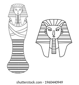 line art black on white background- sarcophagus, head of the sphinx on white background. egyptian culture