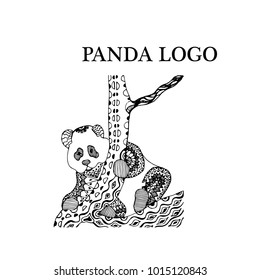 Line art black panda hand, isolated on white background. Dudling's style. Tatoo. Zenart. Coloring for adults.