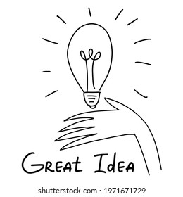 Line art, black thin line. The concept of a hand with a glowing light bulb-an abstract idea, with the inscription "Great idea"