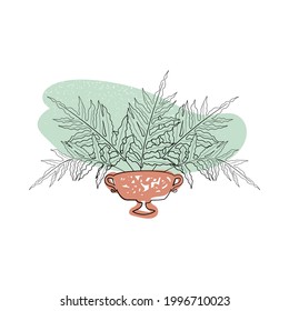 Line art black tropical potted house plant fern with colorful abstract boho shape background. Stock vector illustration.