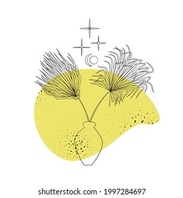 Line art black tropical potted house plant windmill palm with colorful abstract boho shape background. Stock vector illustration.