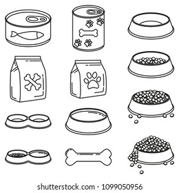 Line art black and white 12 pet food elements. Simple supplies for domestic animal. Cat and dog care themed vector illustration for icon, sticker, patch, badge, certificate or gift card decoration