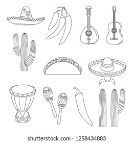 Line art black and white 12 mexican elements. Fiesta carnival set. Mexico theme vector illustration for icon, stamp, label, badge, certificate, leaflet, brochure or banner decoration