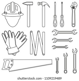 Line art black and white 15 handyman tools set. Simple toolkit for home repair. Construction themed vector illustration for icon, , sticker, patch, label, sign, badge, certificate or flayer decoration