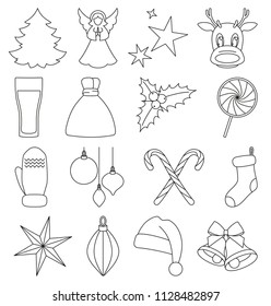 Line art black and white 16 christmas elements. New year holiday decorations. Xmas themed vector illustration for icon, logo, sticker, patch, label, sign, badge, certificate or gift card decoration