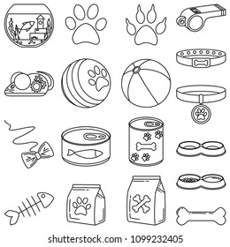 Line art black and white 18 pet shop elements. Domestic animals care vector illustration for icon, sticker, patch, label, badge, certificate or gift card decoration