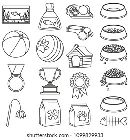 Line art black and white 19 pet shop elements. Domestic animals care vector illustration for icon, sticker, patch, label, badge, certificate or gift card decoration