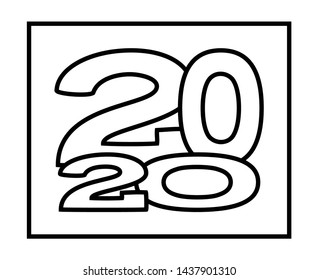 Line art black and white 2020 new year various height characters. Winter holiday themed vector illustration for icon, stamp, label, certificate, gift card, invitation, poster or banner decoration