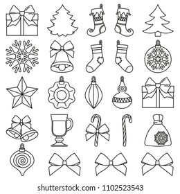 Line art black and white 25 christmas elements set. New year holiday decorations. Vector illustration for icon, logo, sticker, patch, label, badge, emblem, certificate, poster or gift card pattern