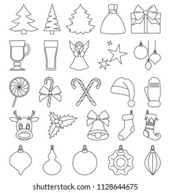 Line art black and white 25 christmas elements. New year holiday decorations. Xmas themed vector illustration for icon, logo, sticker, patch, label, sign, badge, certificate or gift card decoration