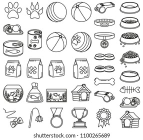 Line art black and white 37 pet shop elements. Domestic animals care vector illustration for icon, sticker, patch, label, badge, certificate or gift card decoration